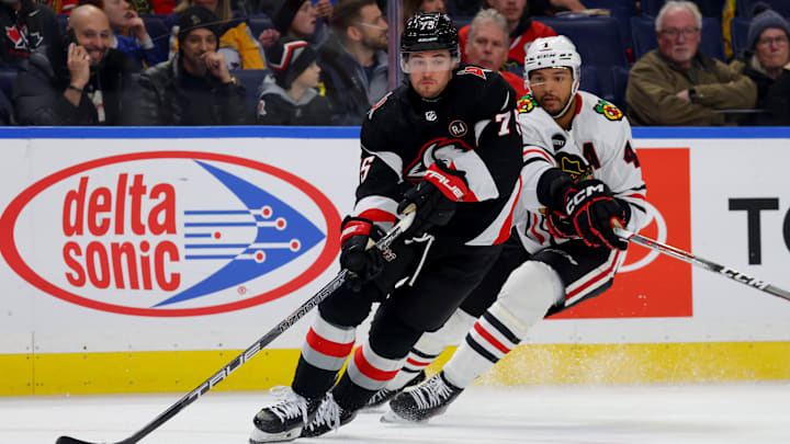 Jan 18, 2024; Buffalo, New York, USA;  Buffalo Sabres defenseman Connor Clifton (75) looks to pass