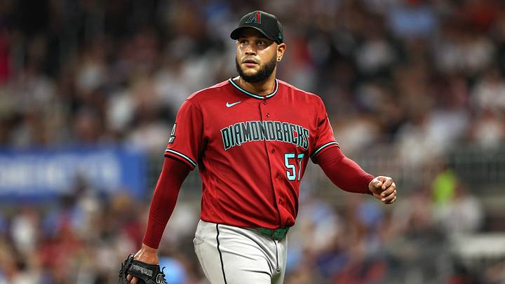 Aug 15, 2026; Cumberland, Georgia, USA; Arizona Diamondbacks starting pitcher Eduardo Rodriguez (57) reacts against the Atlanta Braves in the sixth inning at Truist Park. Mandatory Credit: Colin Hubbard-Imagn Images Aug 15, 2026; Cumberland, Georgia, USA; Arizona Diamondbacks starting pitcher Eduardo Rodriguez (57) reacts against the Atlanta Braves in the sixth inning at Truist Park. Mandatory Credit: Colin Hubbard-Imagn Images