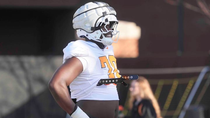 Tennessee offensive lineman David Sanders Jr. (70) during Tennessee football practice, at University of Tennessee, Tuesday, March 25, 2025.