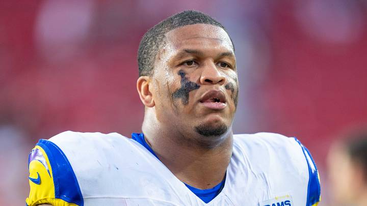 November 9, 2025; Santa Clara, California, USA; Los Angeles Rams offensive tackle Alaric Jackson (77) after the game against the San Francisco 49ers at Levi's Stadium. Mandatory Credit: Kyle Terada-Imagn Images