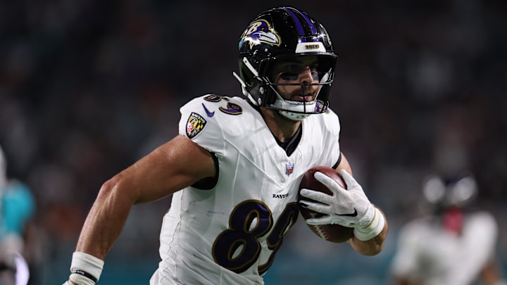 Oct 30, 2025; Miami Gardens, Florida, USA; Baltimore Ravens tight end Mark Andrews (89) runs into the end zone for a touchdown during the second quarter against the Miami Dolphins at Hard Rock Stadium. Mandatory Credit: Nathan Ray Seebeck-Imagn Images