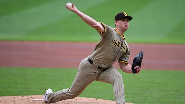 May 4, 2025; Pittsburgh, Pennsylvania, USA; San Diego Padres starting pitcher Stephen Kolek (32) throws a pitch during the first inning against the Pittsburgh Pirates at PNC Park. Mandatory Credit: David Dermer-Imagn Images