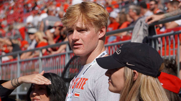 Oct 5, 2024; Columbus, OH, USA; Class of 2027 Huntington Beach, California, quarterback Brady Edmunds visits the field ahead of Ohio State's 35-7 win over the Iowa Hawkeyes after the NCAA football game at Ohio Stadium. Oct 5, 2024; Columbus, OH, USA; Class of 2027 Huntington Beach, California, quarterback Brady Edmunds visits the field ahead of Ohio State's 35-7 win over the Iowa Hawkeyes after the NCAA football game at Ohio Stadium.