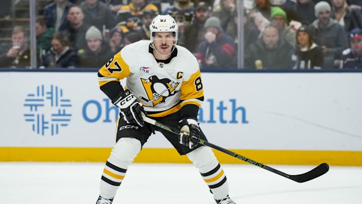 Nov 28, 2025; Columbus, Ohio, USA;  Pittsburgh Penguins center Sidney Crosby (87) skates against the Columbus Blue Jackets in the third period at Nationwide Arena. Mandatory Credit: Aaron Doster-Imagn Images