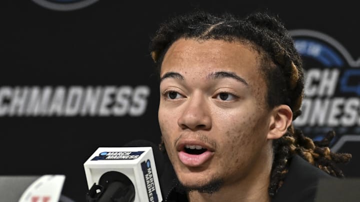 Mar 25, 2026; Houston, TX, USA; Houston Cougars guard Kingston Flemings speaks during a practice session press conference ahead of the south regional of the men's 2026 NCAA Tournament at Toyota Center. Mandatory Credit: Maria Lysaker-Imagn Images