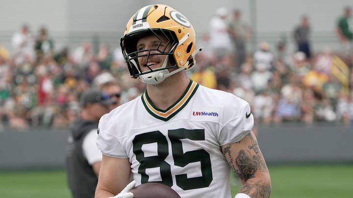 Green Bay Packers tight end Tucker Kraft (85) is shown at training camp Friday, July 31. Green Bay Packers tight end Tucker Kraft (85) is shown at training camp Friday, July 31.