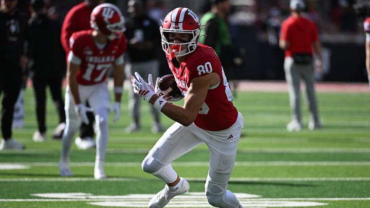 Oct 17, 2026; Bloomington, Indiana, USA;  Indiana Hoosiers wide receiver Charlie Becker (80) warms up before the game against the Ohio State Buckeyes at Merchants Bank Field at Memorial Stadium.  Mandatory Credit: Robert Goddin-Imagn Images