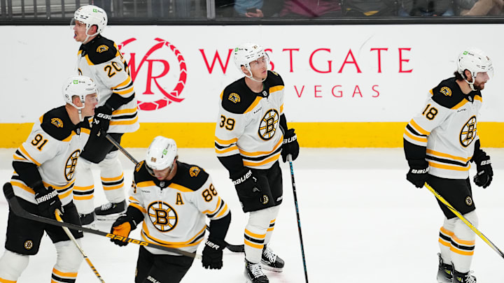 Mar 20, 2025; Las Vegas, Nevada, USA; Boston Bruins center Morgan Geekie (39) reacts after scoring a goal against the Vegas Golden Knights during the third period at T-Mobile Arena. Mandatory Credit: Stephen R. Sylvanie-Imagn Images