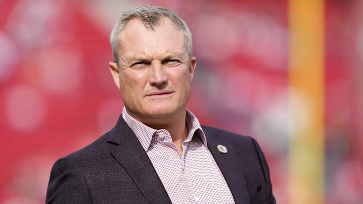 Dec 10, 2023; Santa Clara, California, USA; San Francisco 49ers general manager John Lynch stands on the field before the game against the Seattle Seahawks at Levi's Stadium.