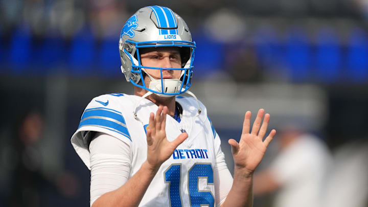 Dec 14, 2025; Inglewood, California, USA; Detroit Lions quarterback Jared Goff (16) is seen during warmups prior to the game against the Los Angeles Rams at SoFi Stadium. Mandatory Credit: Kirby Lee-Imagn Images