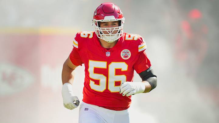 Sep 28, 2025; Kansas City, Missouri, USA; Kansas City Chiefs defensive end George Karlaftis (56) takes the field prior to a game against the Baltimore Ravens at GEHA Field at Arrowhead Stadium. Mandatory Credit: Jay Biggerstaff-Imagn Images