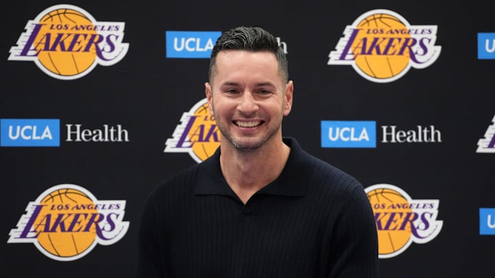 Sep 25, 2024; El Segundo, CA, USA; Los Angeles Lakers coach JJ Redick at press conference at UCLA Health Training Center. Mandatory Credit: Kirby Lee-Imagn Images Sep 25, 2024; El Segundo, CA, USA; Los Angeles Lakers coach JJ Redick at press conference at UCLA Health Training Center. Mandatory Credit: Kirby Lee-Imagn Images
