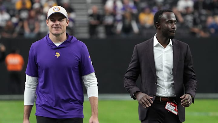 Dec 10, 2023; Paradise, Nevada, USA; Minnesota Vikings coach Kevin O'Connell (left) and general manager Kwesi Adofo-Mensah react during the game against the Minnesota Vikings at Allegiant Stadium. Dec 10, 2023; Paradise, Nevada, USA; Minnesota Vikings coach Kevin O'Connell (left) and general manager Kwesi Adofo-Mensah react during the game against the Minnesota Vikings at Allegiant Stadium.
