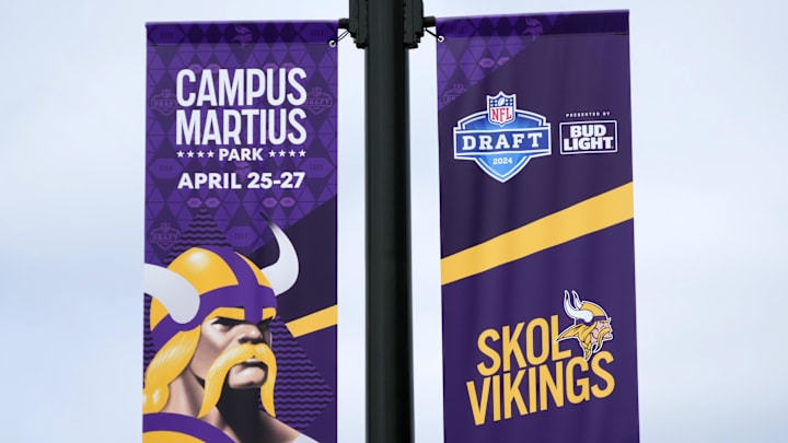 Apr 24, 2024; Detroit, MI, USA; A Minnesota Vikings banner on E. Montcalm St. promoting the 2024 NFL Draft. Mandatory Credit: Kirby Lee-Imagn Images