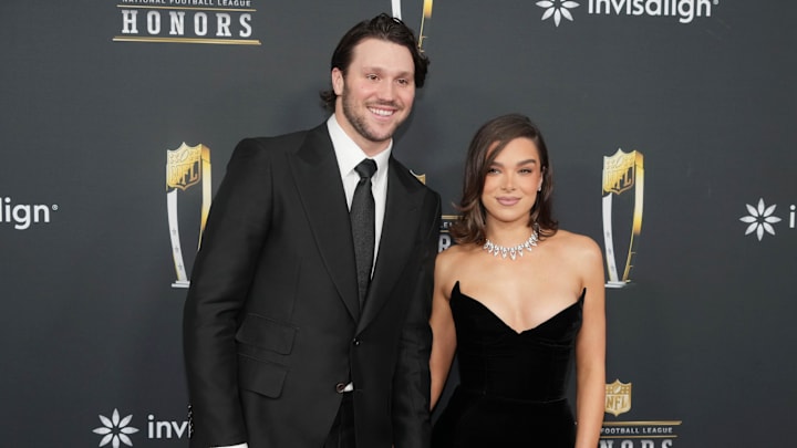 Josh Allen and Hailee Steinfeld on the red carpet before Super Bowl LIX NFL Honors at Saenger Theatre.