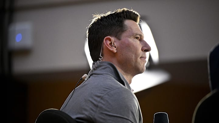 Dec 9, 2024; Dallas, TX, USA; Boston Red Sox chief baseball officer Craig Breslow speaks with the media 
at the Hilton Anatole during the 2024 MLB Winter Meetings. Mandatory Credit: Jerome Miron-Imagn Images