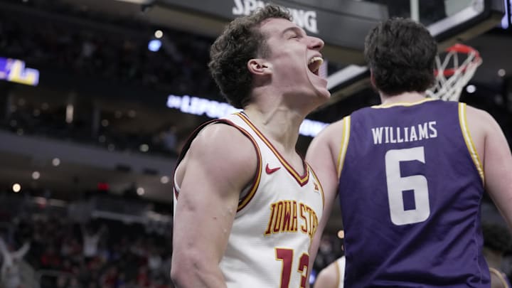 Mar 21, 2025; Milwaukee, WI, USA; Iowa State guard Cade Kelderman (13) reacts after scoring and drawing a foul during the second half of their first round NCAA men’s basketball tournament game at Fiserv Forum. Mandatory Credit: Mark Hoffman/USA Today Network via Imagn Images