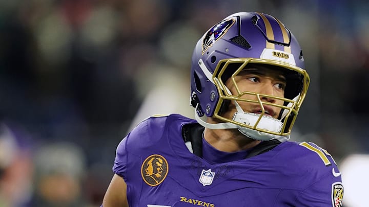 Nov 27, 2025; Baltimore, Maryland, USA; Baltimore Ravens safety Kyle Hamilton (14) before the game at M&T Bank Stadium. Mandatory Credit: Mitch Stringer-Imagn Images