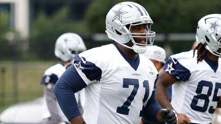 Dallas Cowboys offensive tackle Nathan Thomas (71) goes through a drill during practice at the Ford Center at the Star Training Facility in Frisco, Texas. Mandatory Credit: Chris Jones-Imagn Images Dallas Cowboys offensive tackle Nathan Thomas (71) goes through a drill during practice at the Ford Center at the Star Training Facility in Frisco, Texas. Mandatory Credit: Chris Jones-Imagn Images