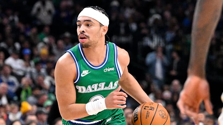 Jan 24, 2026; Dallas, Texas, USA; Dallas Mavericks guard Ryan Nembhard (9) brings the ball up court against the Los Angeles Lakers during the game at the American Airlines Center.