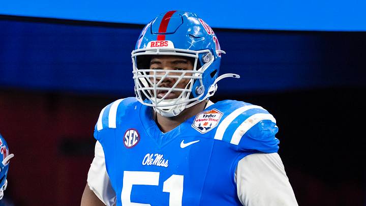 Jan 8, 2026; Glendale, AZ, USA; Mississippi Rebels defensive tackle Zxavian Harris (51) against the Miami Hurricanes during the 2026 Fiesta Bowl and semifinal game of the College Football Playoff at State Farm Stadium. Mandatory Credit: Mark J. Rebilas-Imagn Images Jan 8, 2026; Glendale, AZ, USA; Mississippi Rebels defensive tackle Zxavian Harris (51) against the Miami Hurricanes during the 2026 Fiesta Bowl and semifinal game of the College Football Playoff at State Farm Stadium. Mandatory Credit: Mark J. Rebilas-Imagn Images