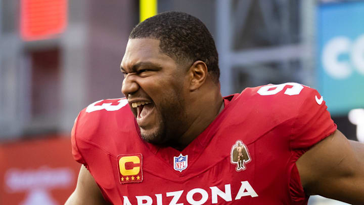Dec 7, 2025; Glendale, Arizona, USA; Arizona Cardinals defensive end Calais Campbell (93) against the Los Angeles Rams at State Farm Stadium. Mandatory Credit: Mark J. Rebilas-Imagn Images