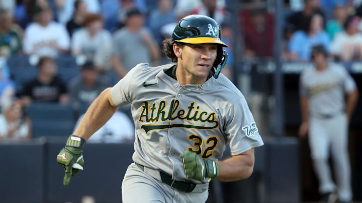 St. Petersburg, Florida, USA; Athletics left fielder Colby Thomas (32) doubles for his first career hit during the fourth inning against the Tampa Bay Rays at George M. Steinbrenner Field. St. Petersburg, Florida, USA; Athletics left fielder Colby Thomas (32) doubles for his first career hit during the fourth inning against the Tampa Bay Rays at George M. Steinbrenner Field.
