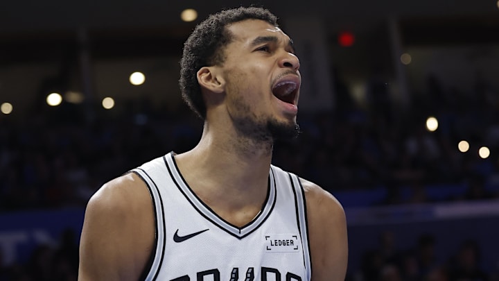 Jan 13, 2026; Oklahoma City, Oklahoma, USA; San Antonio Spurs forward/center Victor Wembanyama yells from the bench during the second half against the Oklahoma City Thunder at Paycom Center. Mandatory Credit: Alonzo Adams-Imagn Images