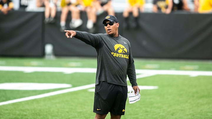 Iowa running backs coach Ladell Betts calls out instructions during the Kids Day at Kinnick NCAA football practice, Saturday, Aug. 13, 2022, at Kinnick Stadium in Iowa City, Iowa.

220813 Ia Kids Day Fb 045 Jpg