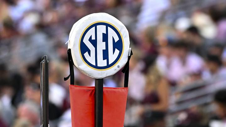 Sep 27, 2025; College Station, Texas, USA; A detail view of the SEC logo on a chain marker during the game between the Texas A&M Aggies and the Auburn Tigers at Kyle Field. Mandatory Credit: Maria Lysaker-Imagn Images Sep 27, 2025; College Station, Texas, USA; A detail view of the SEC logo on a chain marker during the game between the Texas A&M Aggies and the Auburn Tigers at Kyle Field. Mandatory Credit: Maria Lysaker-Imagn Images