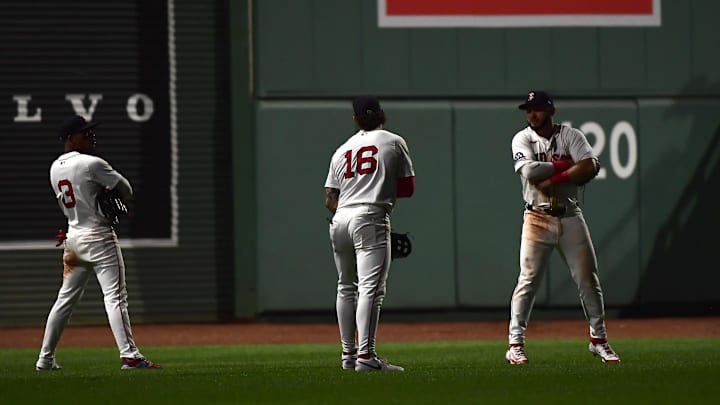Jun 30, 2025; Boston, Massachusetts, USA; Boston Red Sox center fielder Ceddanne Rafaela (3) left fielder Jarren Duran (16) and right fielder Wilyer Abreu (52) react after defeating the Cincinnati Reds at Fenway Park. Mandatory Credit: Bob DeChiara-Imagn Images