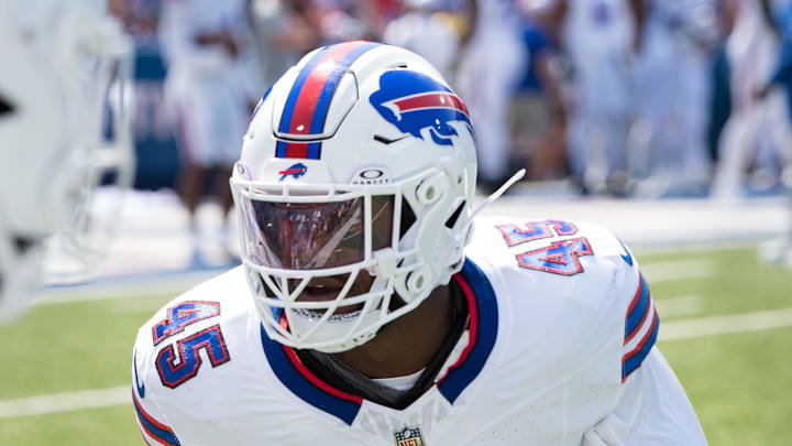 Aug 24, 2024; Orchard Park, New York, USA; Buffalo Bills linebacker Deion Jones (45) on the field before a pre-season game against the Carolina Panthers at Highmark Stadium. Mandatory Credit: Mark Konezny-Imagn Images