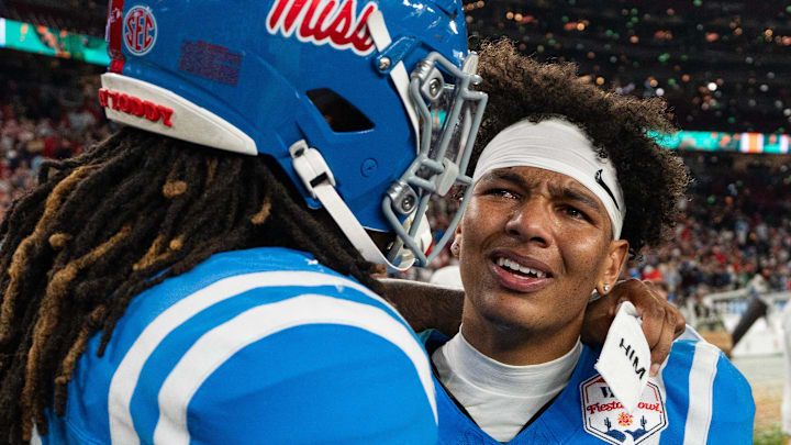 Ole Miss quarterback Trinidad Chambliss (6) cries after losing the CFP Fiesta Bowl against Miami at the State Farm Stadium, in Glendale, Ariz., on Thursday, Jan. 8, 2026.