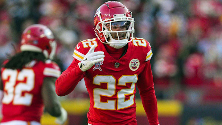 Dec 21, 2024; Kansas City, Missouri, USA; Kansas City Chiefs cornerback Trent McDuffie (22) celebrates after an interception during the first half against the Houston Texans at GEHA Field at Arrowhead Stadium. Mandatory Credit: Jay Biggerstaff-Imagn Images Dec 21, 2024; Kansas City, Missouri, USA; Kansas City Chiefs cornerback Trent McDuffie (22) celebrates after an interception during the first half against the Houston Texans at GEHA Field at Arrowhead Stadium. Mandatory Credit: Jay Biggerstaff-Imagn Images