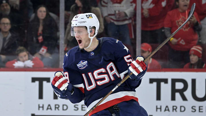 USA forward Jake Guentzel celebrates after scoring an empty net goal against Team Canada in the 4 Nations Face-Off.