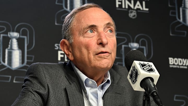 National Hockey League commissioner Gary Bettman speaks to the media before game one of the 2025 Stanley Cup Final.