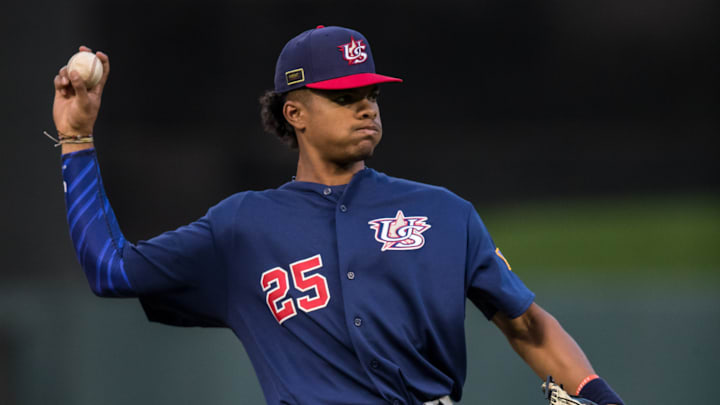 Reds prospect Rece Hinds throws at USA Baseball 18U National Team Trials.