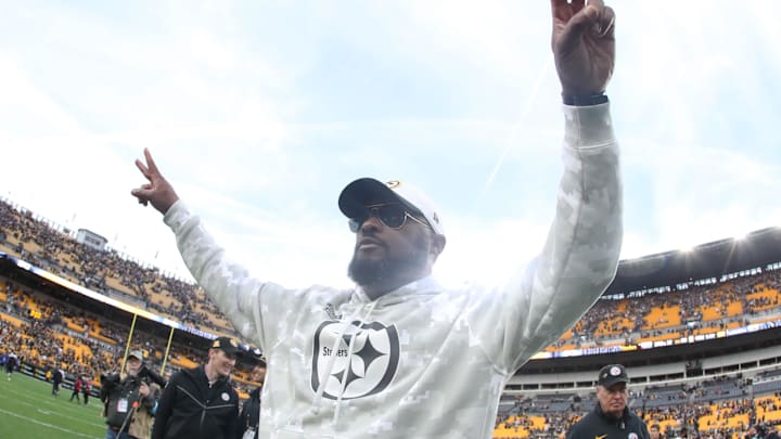 Nov 17, 2024; Pittsburgh, Pennsylvania, USA;  Pittsburgh Steelers head coach Mike Tomlin reacts as he leaves the field after defeating the Baltimore Ravens at Acrisure Stadium. Mandatory Credit: Charles LeClaire-Imagn Images
