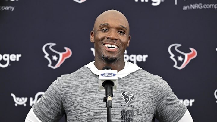 Jun 10, 2025; Houston, TX, USA; Houston Texans head coach DeMeco Ryans speaks during a press conference after an NFL football minicamp at NRG Stadium. Mandatory Credit: Maria Lysaker-Imagn Images 