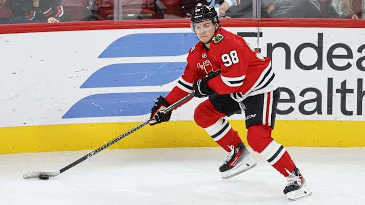 Oct 19, 2025; Chicago, Illinois, USA; Chicago Blackhawks center Connor Bedard (98) looks to pass the puck against the Anaheim Ducks during the second period at United Center. Mandatory Credit: Kamil Krzaczynski-Imagn Images Oct 19, 2025; Chicago, Illinois, USA; Chicago Blackhawks center Connor Bedard (98) looks to pass the puck against the Anaheim Ducks during the second period at United Center. Mandatory Credit: Kamil Krzaczynski-Imagn Images