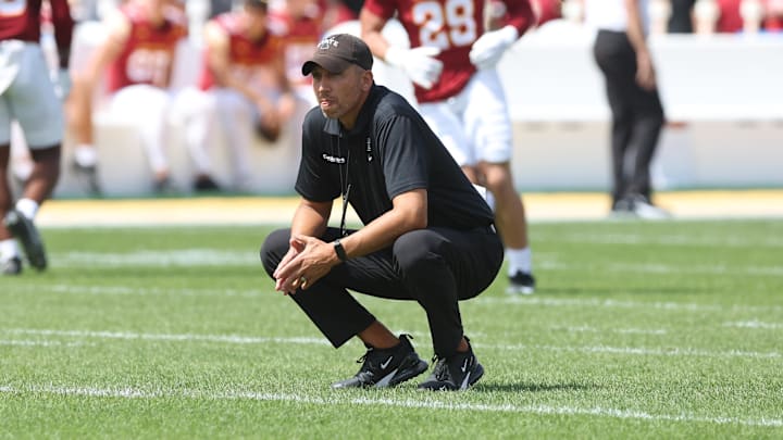 Aug 30, 2025; Ames, Iowa, USA; Iowa State Cyclones head coach Matt Campbell watches his team prepare for the South Dakota Coyotes at Jack Trice Stadium. 