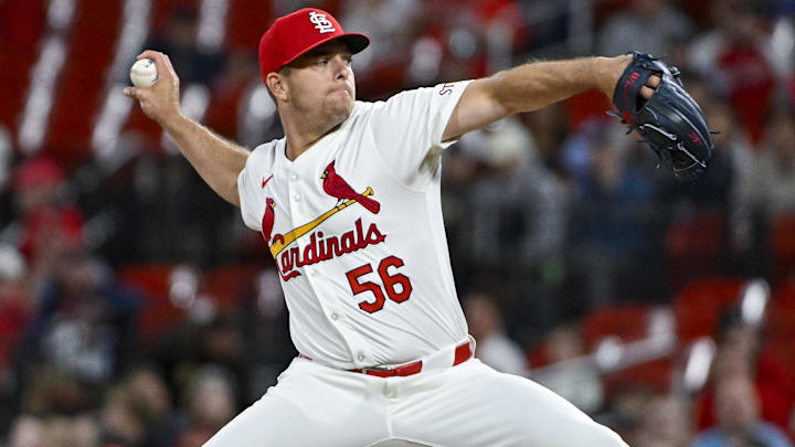 Apr 9, 2024; St. Louis, Missouri, USA;  St. Louis Cardinals relief pitcher Ryan Helsley (56) pitches against the Philadelphia Phillies during the ninth inning at Busch Stadium.