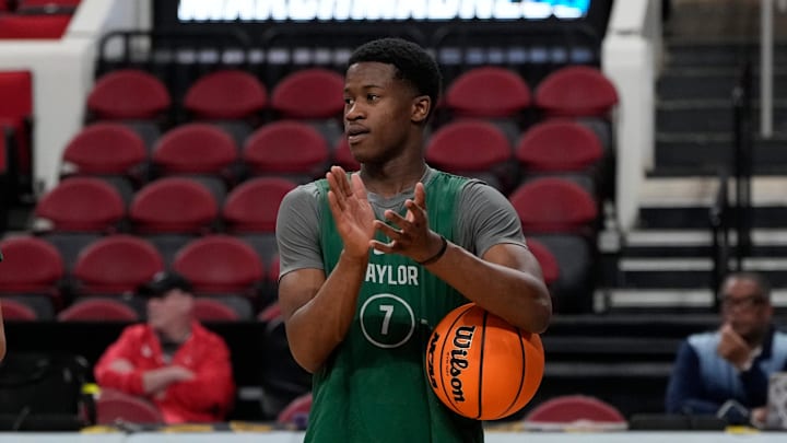 Mar 20, 2025; Raleigh, NC, USA; Baylor Bears guard VJ Edgecombe (7) reacts during practice at Lenovo Center. Mandatory Credit: Bob Donnan-Imagn Images