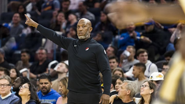Oct 8, 2025; San Francisco, California, USA; Portland Trail Blazers Head Coach Chauncey Billups gestures against the Golden State Warriors during the second quarter at Chase Center. Mandatory Credit: John Hefti-Imagn Images Oct 8, 2025; San Francisco, California, USA; Portland Trail Blazers Head Coach Chauncey Billups gestures against the Golden State Warriors during the second quarter at Chase Center. Mandatory Credit: John Hefti-Imagn Images