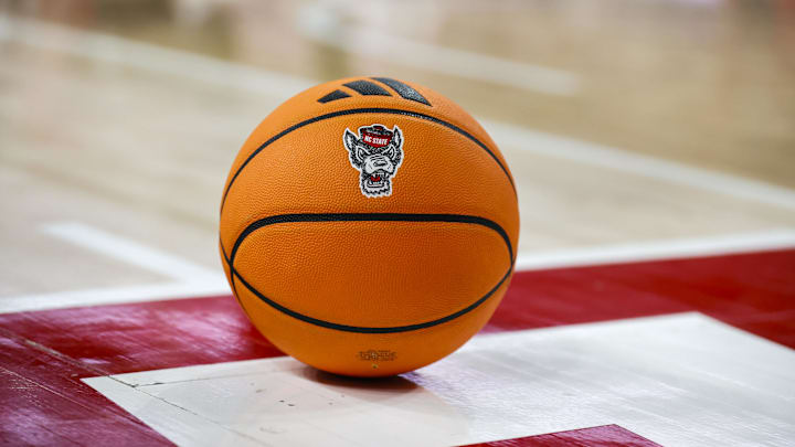 Jan 17, 2026; Raleigh, North Carolina, USA; NC State Wolfpack ball during the second half of the game against the Georgia Tech Yellow Jackets at Lenovo Center. Mandatory Credit: Jaylynn Nash-Imagn Images