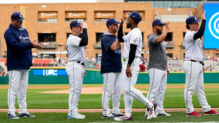 Columbus Clippers Kahlil Watson (9) is introduced before the home opener against the Indianapolis Indians at Huntington Park on Tuesday, March 31, 2026 in Columbus, Ohio.
