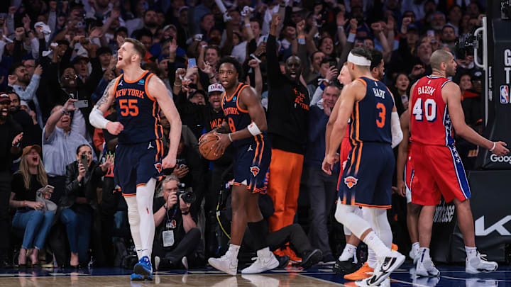 Apr 22, 2024; New York, New York, USA; New York Knicks center Isaiah Hartenstein (55) celebrates Apr 22, 2024; New York, New York, USA; New York Knicks center Isaiah Hartenstein (55) celebrates