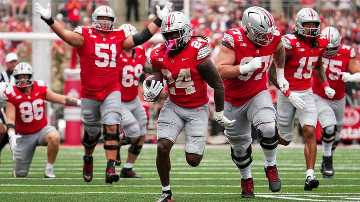 Ohio State Buckeyes running back Ja'kobi Jackson (24) runs for a touchdown during the NCAA football game against the Ball State Cardinals at Ohio Stadium in Columbus on Sept. 5, 2026. Ohio State won 56-3. Ohio State Buckeyes running back Ja'kobi Jackson (24) runs for a touchdown during the NCAA football game against the Ball State Cardinals at Ohio Stadium in Columbus on Sept. 5, 2026. Ohio State won 56-3.
