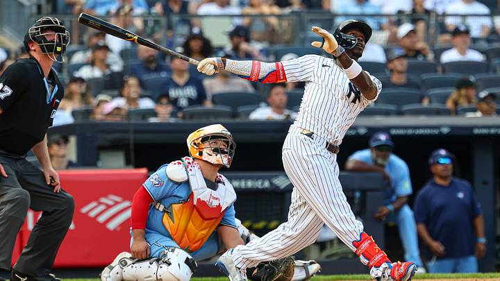 Aug 23, 2026; Bronx, New York, USA; New York Yankees second baseman Jazz Chisholm Jr. (13) hits a two run home run during the seventh inning against the Toronto Blue Jays at Yankee Stadium. Mandatory Credit: Vincent Carchietta-Imagn Images Aug 23, 2026; Bronx, New York, USA; New York Yankees second baseman Jazz Chisholm Jr. (13) hits a two run home run during the seventh inning against the Toronto Blue Jays at Yankee Stadium. Mandatory Credit: Vincent Carchietta-Imagn Images