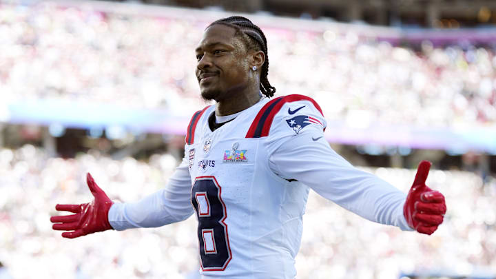 Feb 8, 2026; Santa Clara, CA, USA; New England Patriots wide receiver Stefon Diggs (8) reacts before Super Bowl LX against the Seattle Seahawks at Levi's Stadium. Mandatory Credit: Kyle Terada-Imagn Images